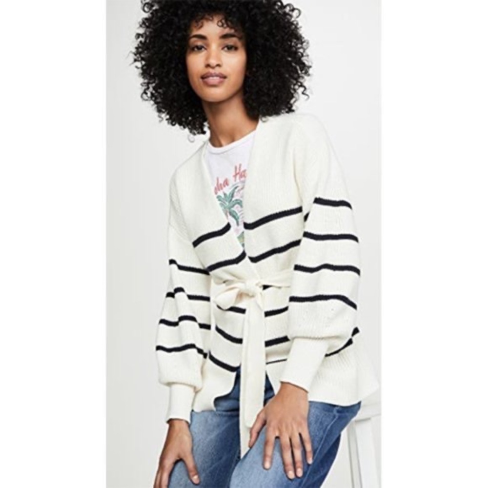 Frame Puff Sleeve Striped Belted Cardigan